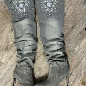 Gray Rhinestone Embellished Women's Boots